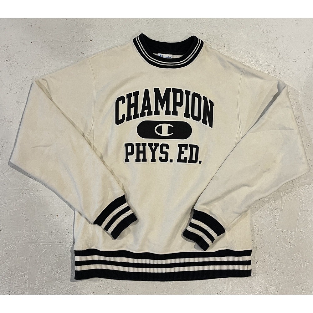 VTG Champion Reverse Weave Sweatshirt Mens Size S Phys Ed White Black Y2K